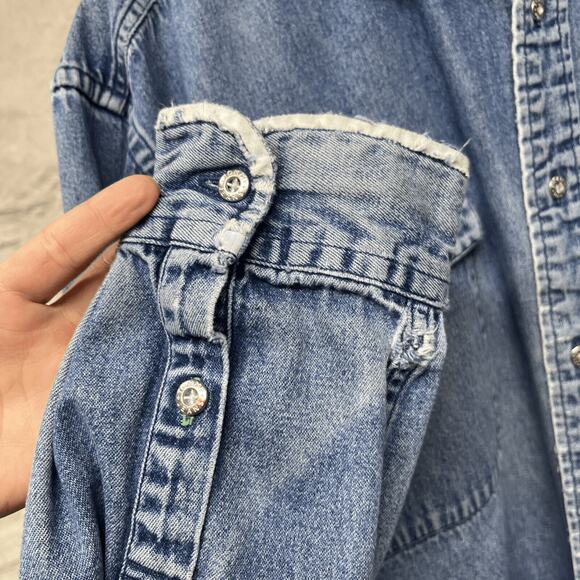 Tommy Hilfiger Blue Denim Long Sleeve Shirt Jean Distressed Faded Vintage 90s - Picture 9 of 14